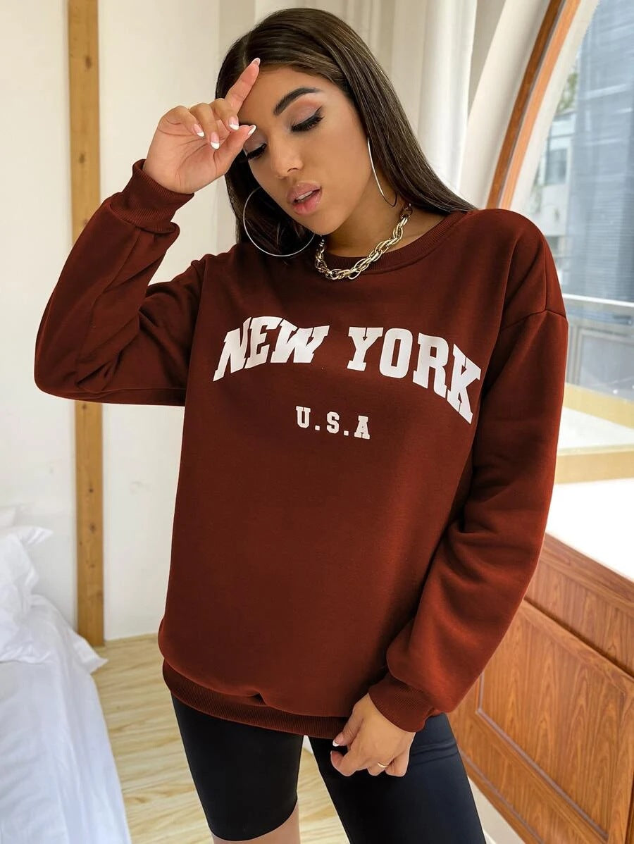 Leisure Women Letter Print Fall Hoodies-Shirts & Tops-Brick Red-S-Free Shipping at meselling99