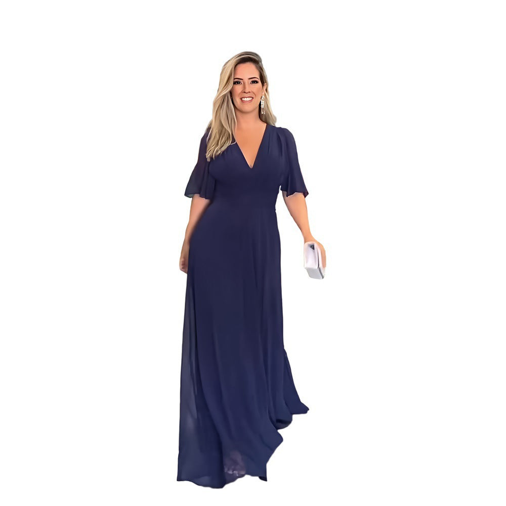 Fashion Chiffon V Neck Long Maxi Dresses-Dresses-Blue-S-Free Shipping at meselling99