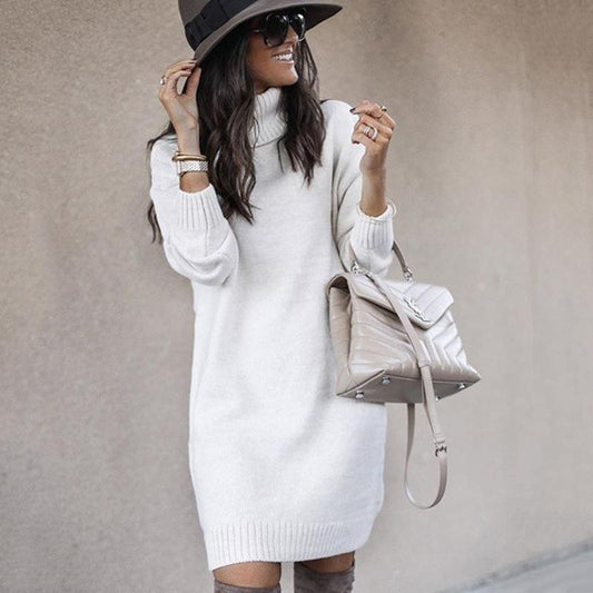 Fashion Turtleneck Knitting Long Sweaters-Mini Dresses-White-S-Free Shipping at meselling99