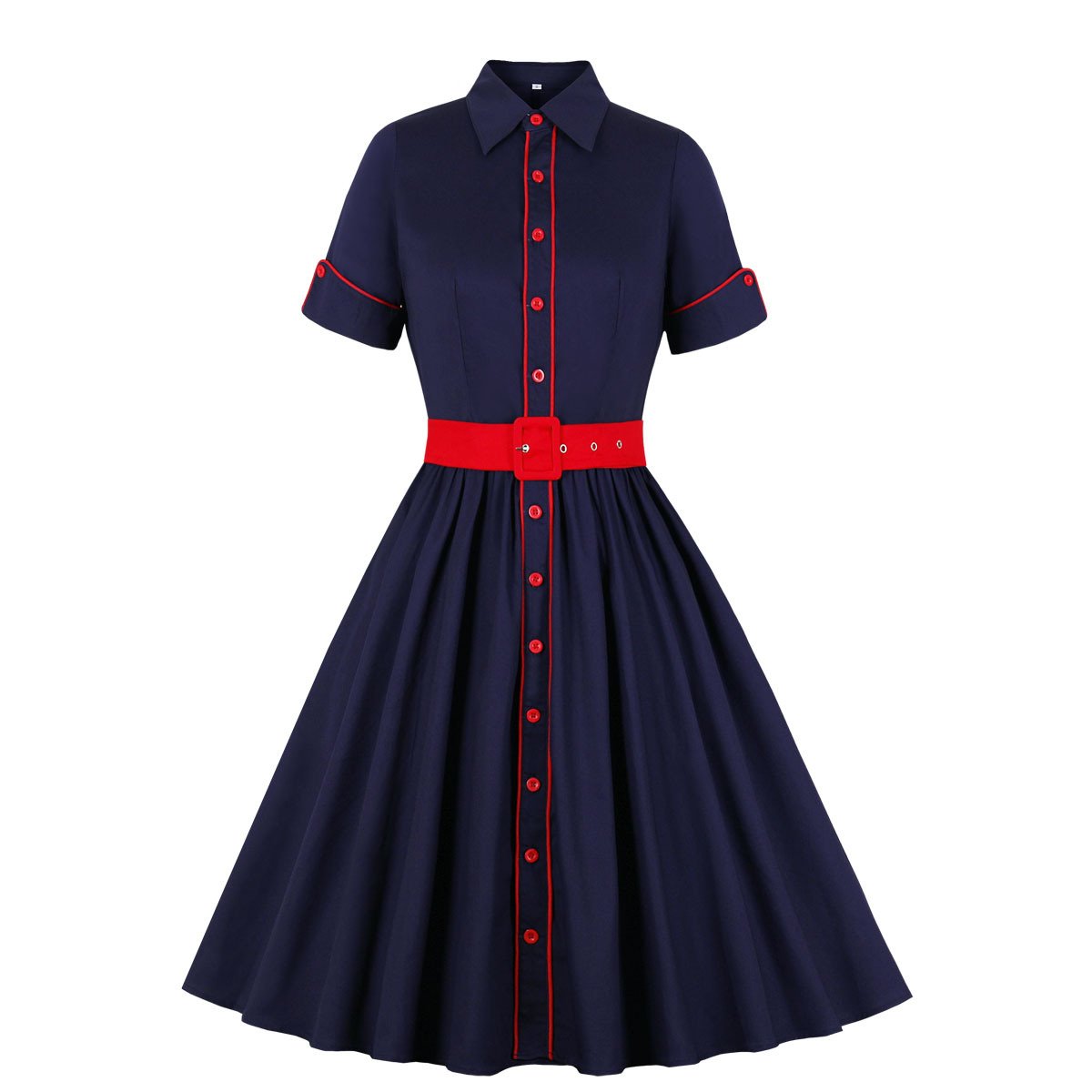 Vintage Short Sleeves Shirt Dark Blue Women Dresses-Vintage Dresses-Dark Blue-S-Free Shipping at meselling99