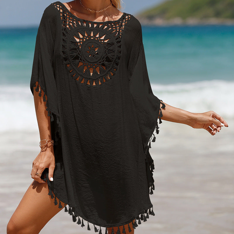 Summer Crochet Tassels Short Beach Cover Ups-Swimwear-Black-One Size-Free Shipping at meselling99
