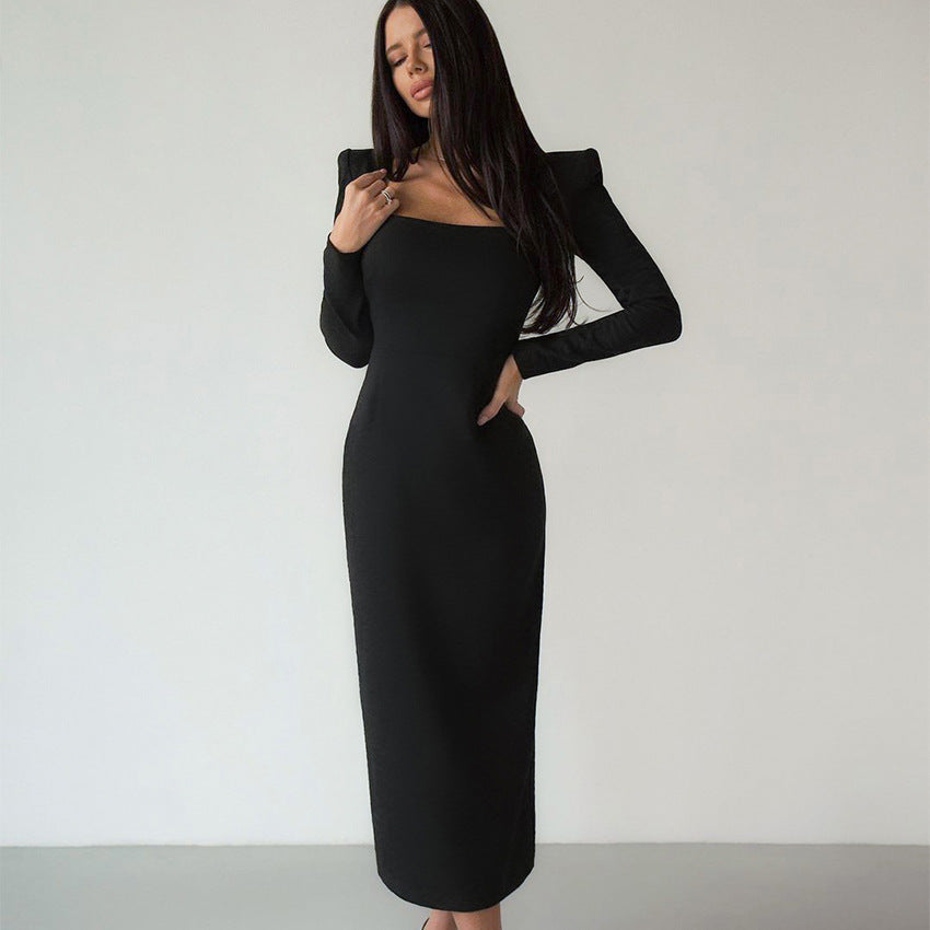 Designed Square Neckline Long Sheathe Black Dresses-Dresses-Black-S-Free Shipping at meselling99