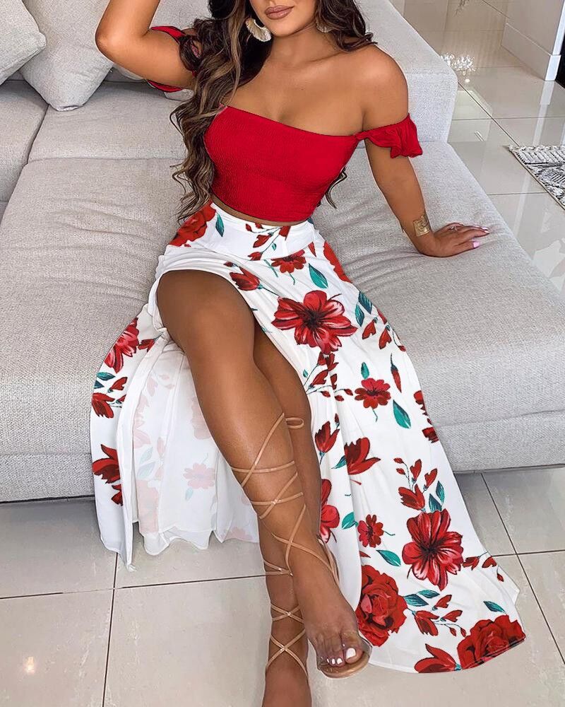 Sexy Off The Shoulder Split Front Two Pieces Dresses-Sexy Dresses-Red-S-Free Shipping at meselling99