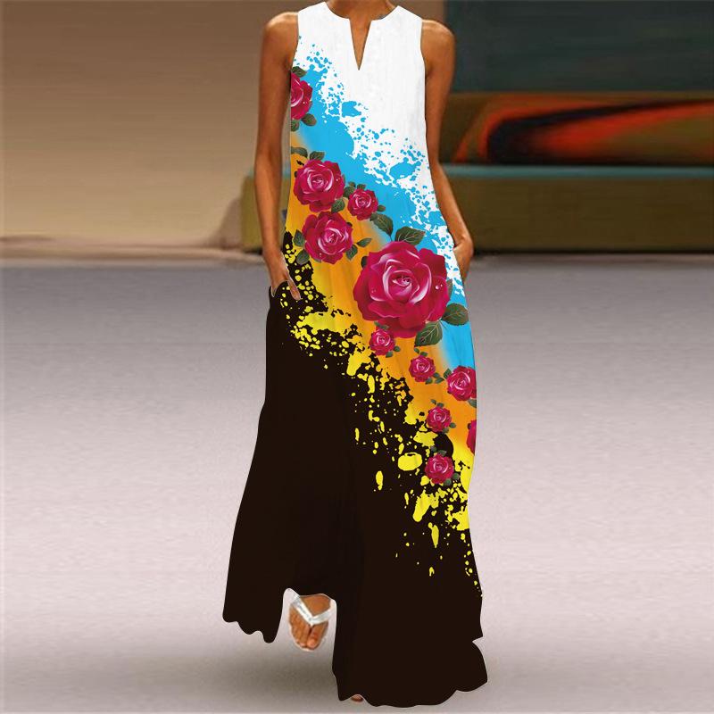 Women Vinage Floral Print V-neck Summer Long Maxi Dresses 1400-Maxi Dresses-5-S-Free Shipping at meselling99