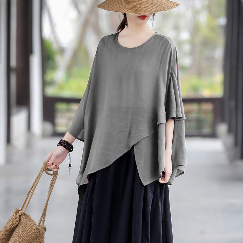 Casual Irregular Summer Linen Women Blouses-Shirts & Tops-Gray-One Size-Free Shipping at meselling99