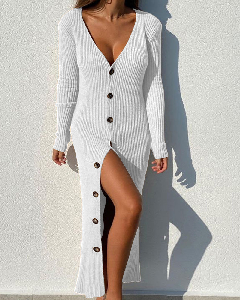 Sexy Long Sleeves Button Knitted Dresses-Dresses-White-S-Free Shipping at meselling99