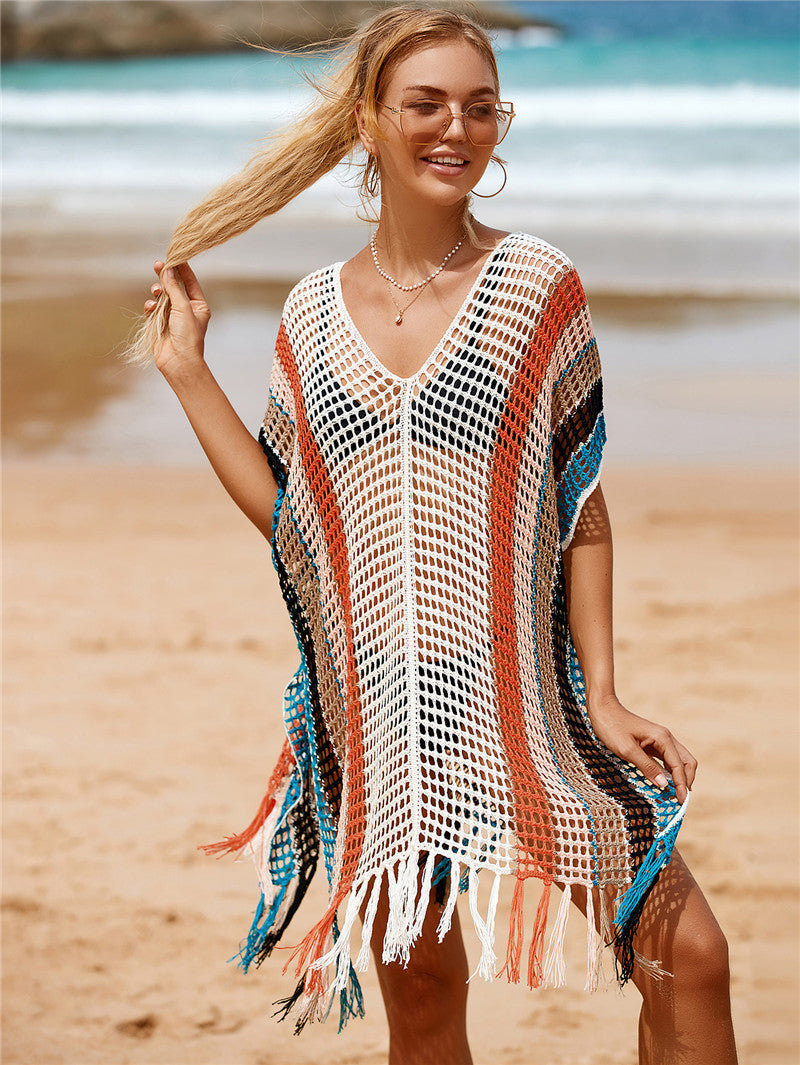 Colorful Knitting Crochet Tassels Swimwear Cover Ups for Women-K-One Size-Free Shipping at meselling99
