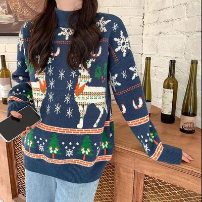 Christmas Elk Winter Knitting Hoody Sweaters-Blue-One Size-Free Shipping at meselling99