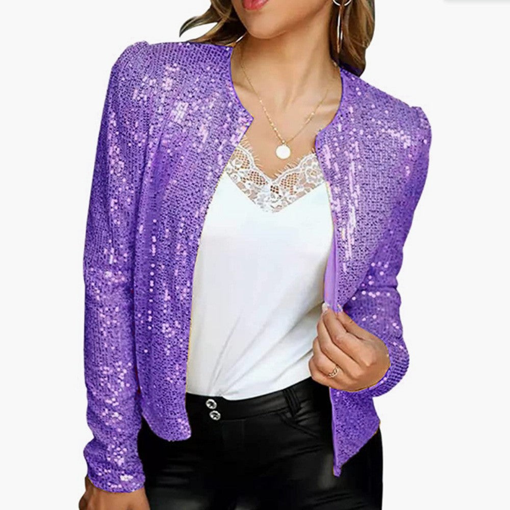 Fashion Stand Collar Sequined Short Coats for Women-Coats & Jackets-Purple-S-Free Shipping at meselling99