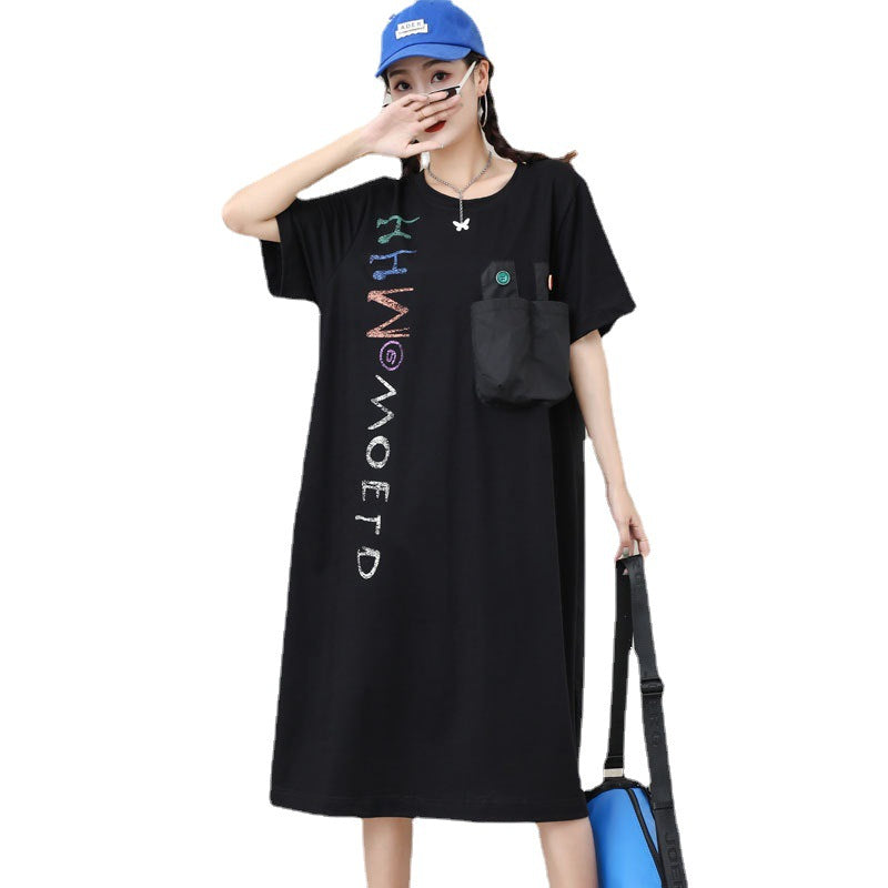 Letter Designed Summer Short Sleeves Plus Sizes Midi Dresses-Dresses-Black-One Size-Free Shipping at meselling99