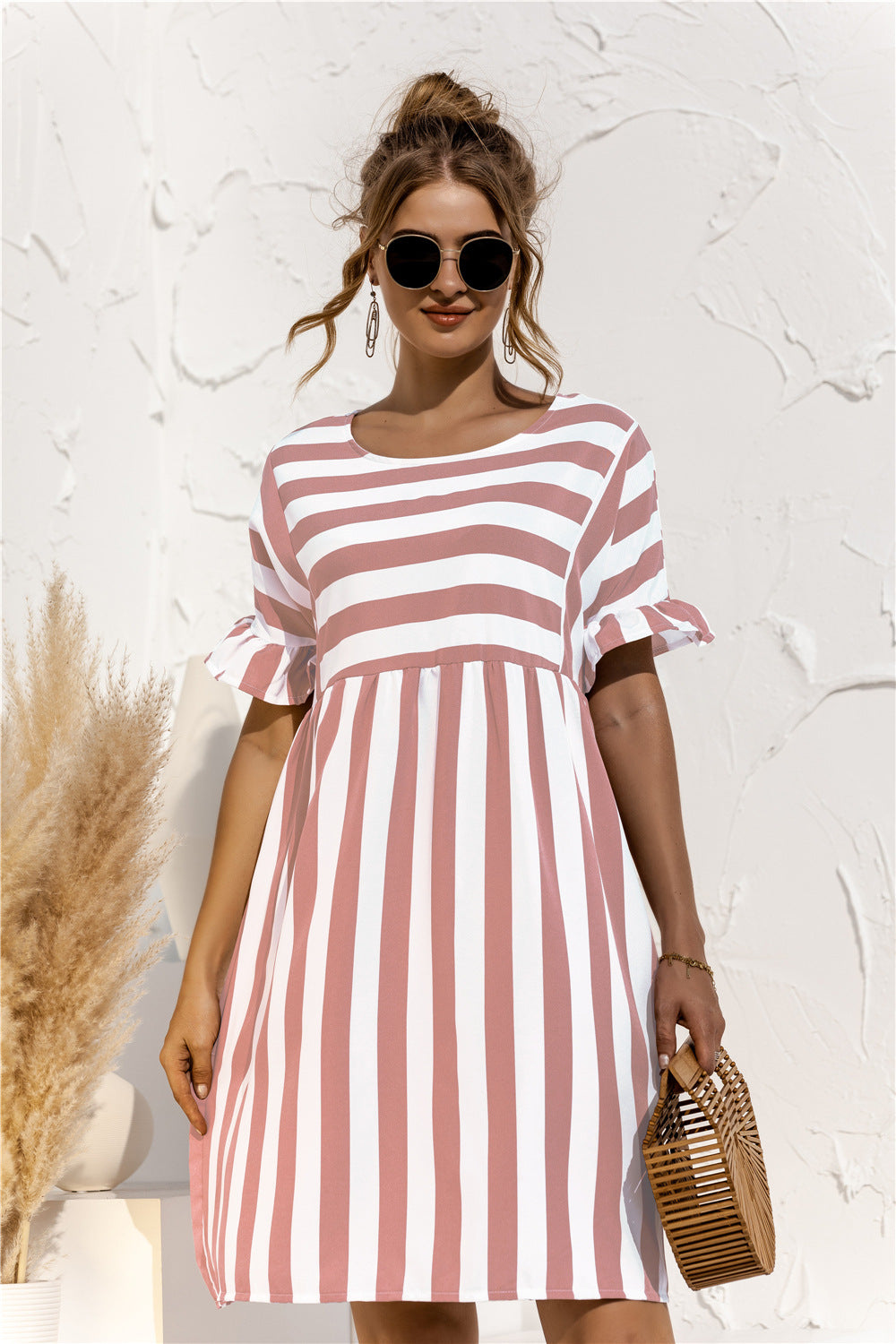Casual Striped Short Sleeves Summer Daily Dresses-Dresses-Pink-S-Free Shipping at meselling99