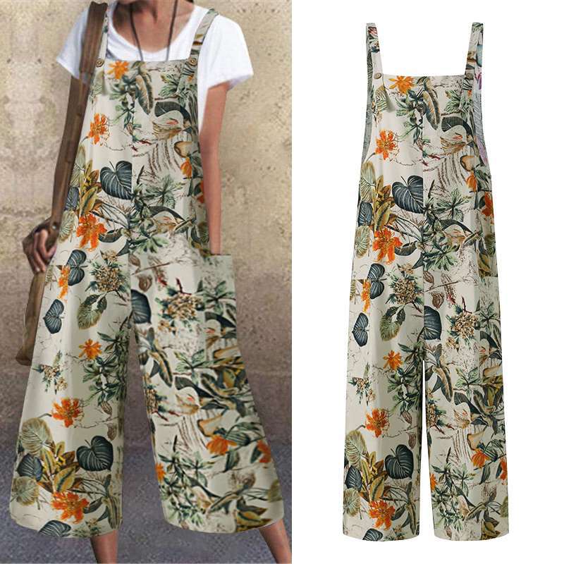 Leisure Summer Linen Plus Sizes Jumpsuits-Yellow Flower-S-Free Shipping at meselling99