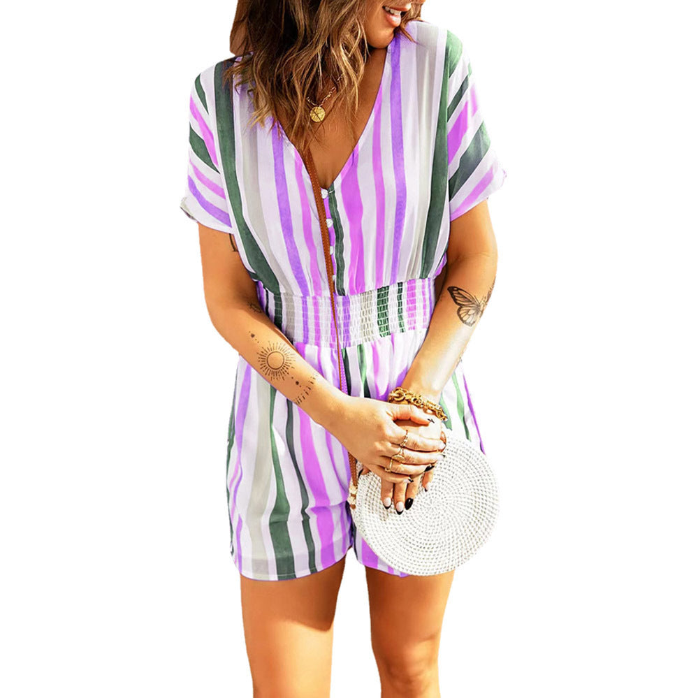 Summer Casual Striped Elastic Waist Romper Jumpsuits-Suits-Purple-S-Free Shipping at meselling99