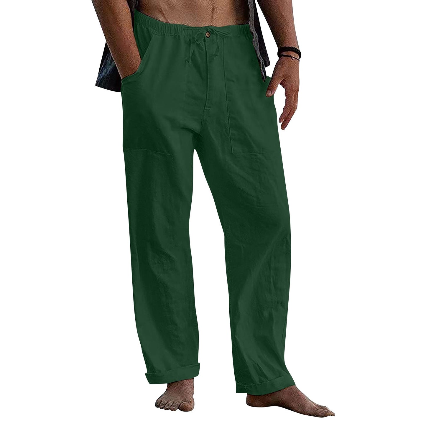 Casual Linen Men's Summer Beach Pants with Elastic Waist-Pants-Dark Green-S-Free Shipping at meselling99