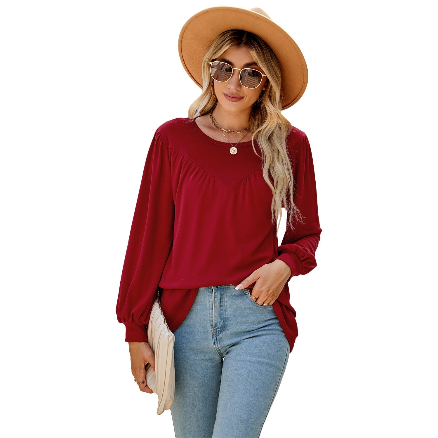 Casual Long Sleeves T Shirts for Women-Shirts & Tops-Red-S-Free Shipping at meselling99
