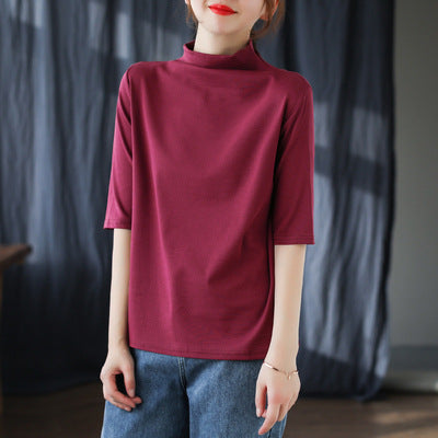 Vintage Half Sleeves Women High Neck T Shirts-Shirts & Tops-Wine Red-One Size-Free Shipping at meselling99