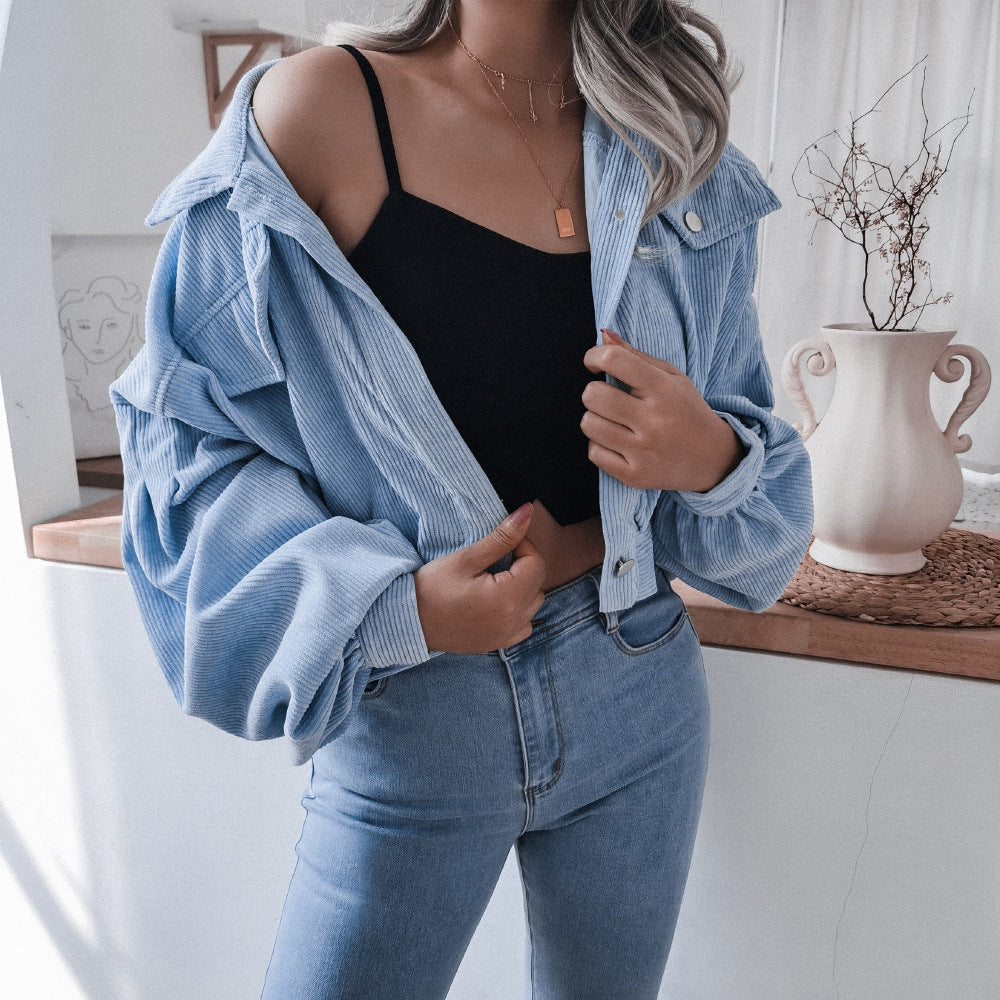 Women Long Sleeves Corduroy Casual Short Overcoat-Outerwear-Light Blue-S-Free Shipping at meselling99