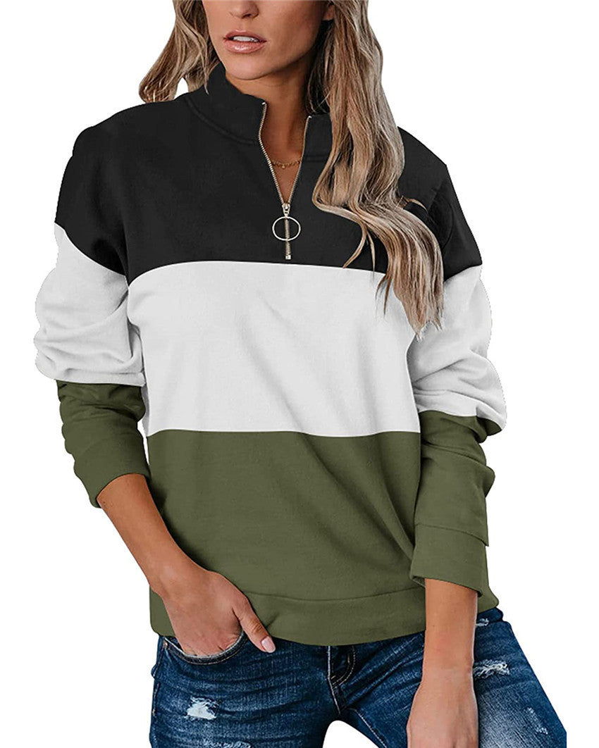 Women Casual Contrast 3 Colors Zipper Neck Fall Hoodies-Shirts & Tops-Black-S-Free Shipping at meselling99