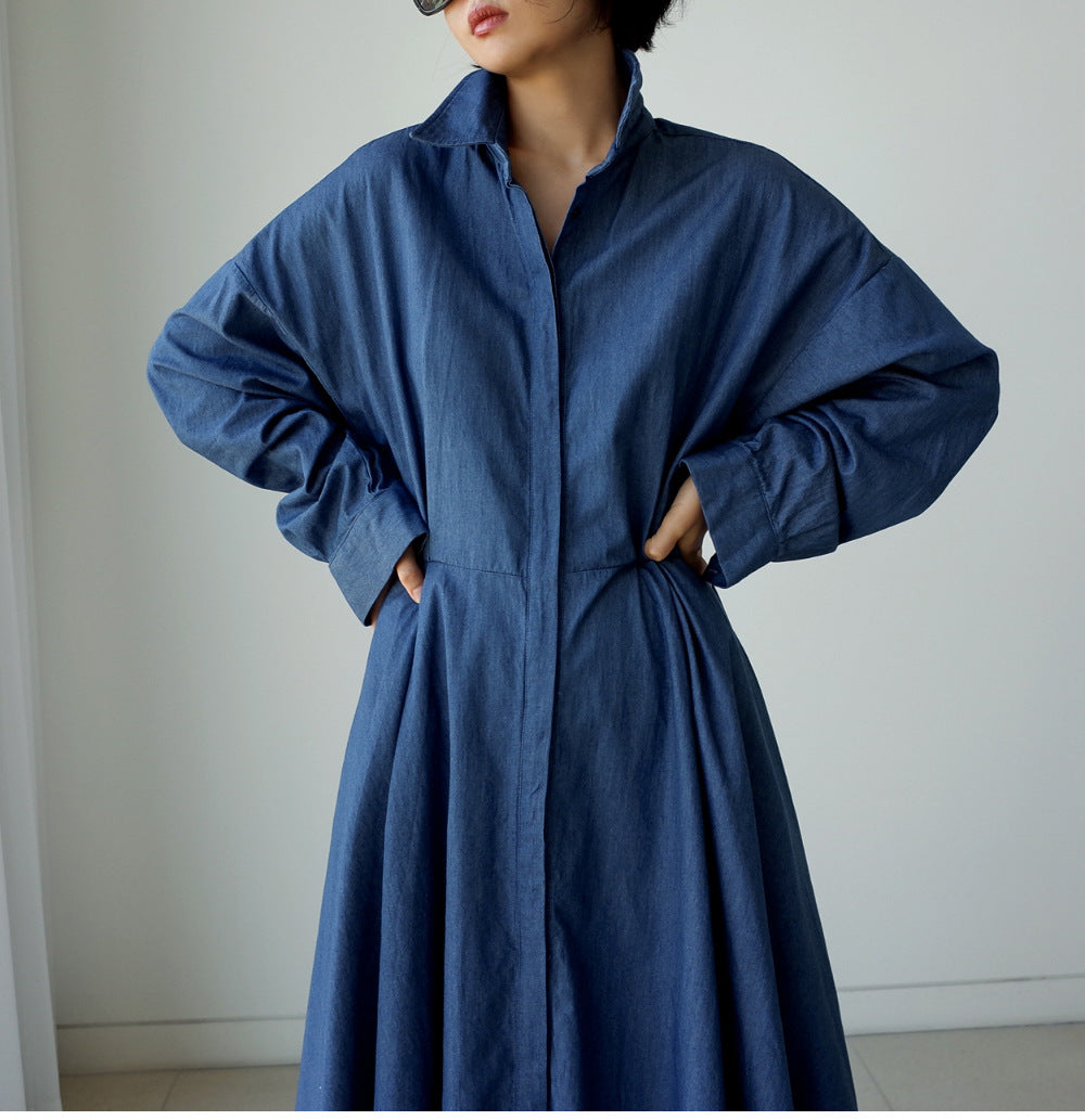Blue Long Sleeve Loose Denim Shirts Maxi Dresses-Cozy dresses-Free Shipping at meselling99