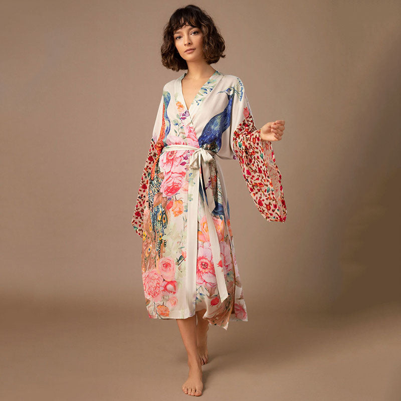 Peacock Print Kimono Beachwear Cover Ups-Off the White-One Size-Free Shipping at meselling99