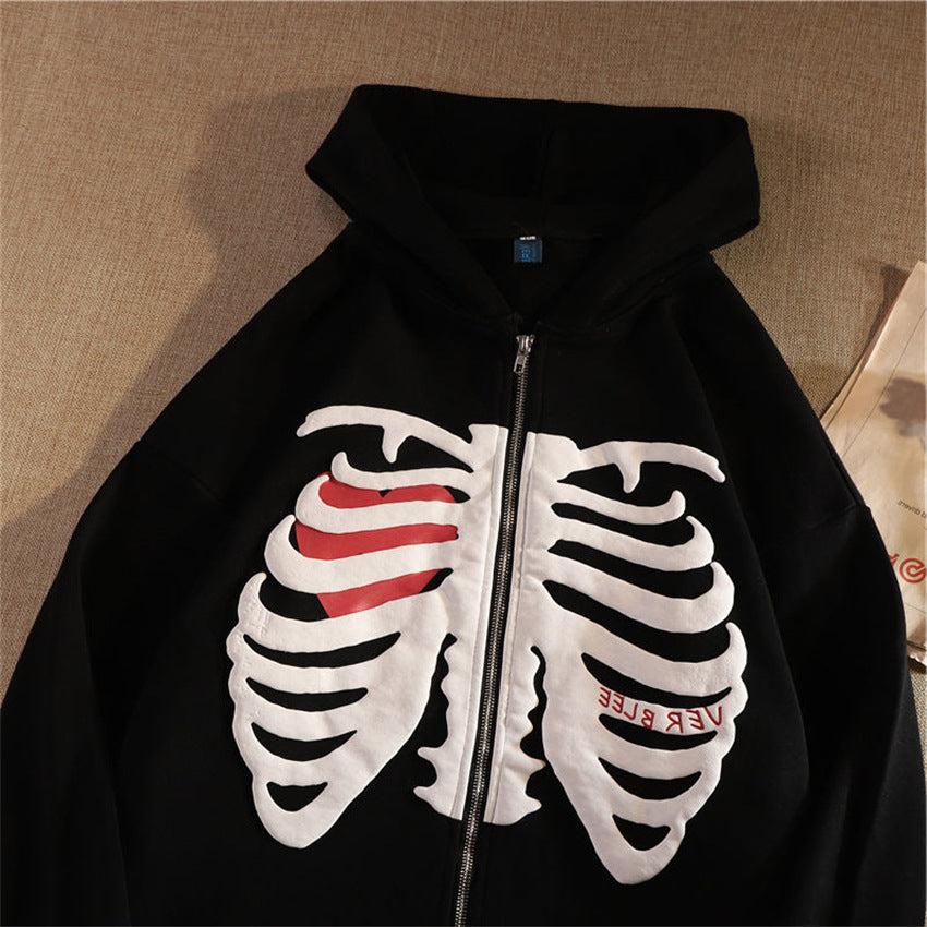 Casual Skeleton Zipper Long Sleeves Overcoats-Outerwear-Black-S-Free Shipping at meselling99