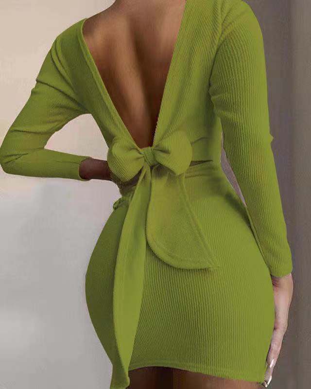 Sexy Bow Backless Knitted Mini Dresses-Dresses-Green-S-Free Shipping at meselling99