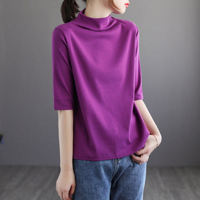 Vintage Half Sleeves Women High Neck T Shirts-Shirts & Tops-Purple-One Size-Free Shipping at meselling99