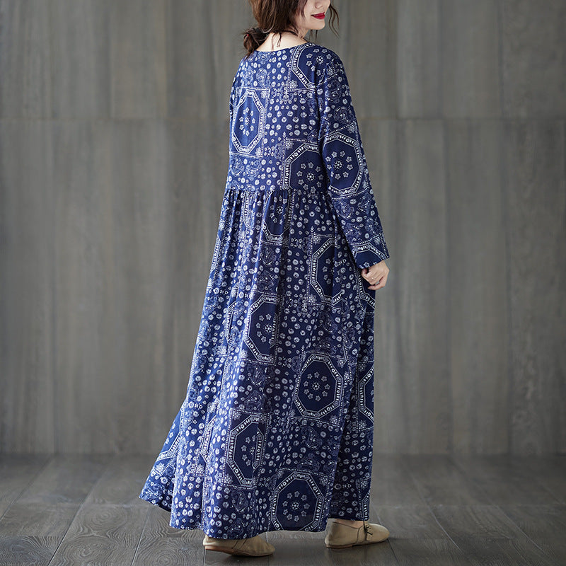 Vintage Plus Sizes Long Sleeves Blue Fall Dresses-Dresses-Free Shipping at meselling99