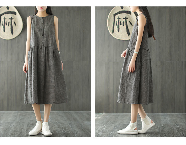 Vintage Sleeveless Linen Summer Midi Dresses-Dresses-Free Shipping at meselling99