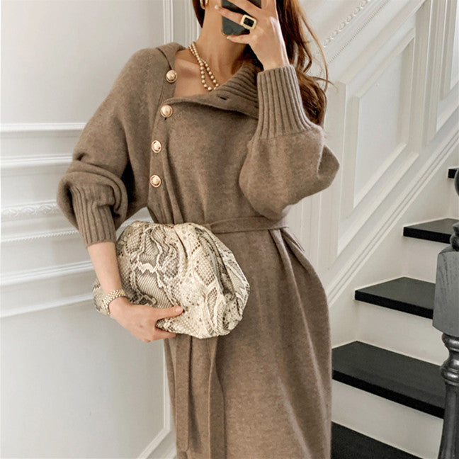 Loose Turtleneck Lace Up Knitted Winter Long Dresses-Dresses-Free Shipping at meselling99