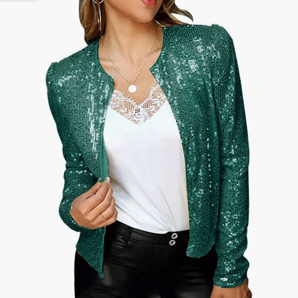 Fashion Stand Collar Sequined Short Coats for Women-Coats & Jackets-Green-S-Free Shipping at meselling99
