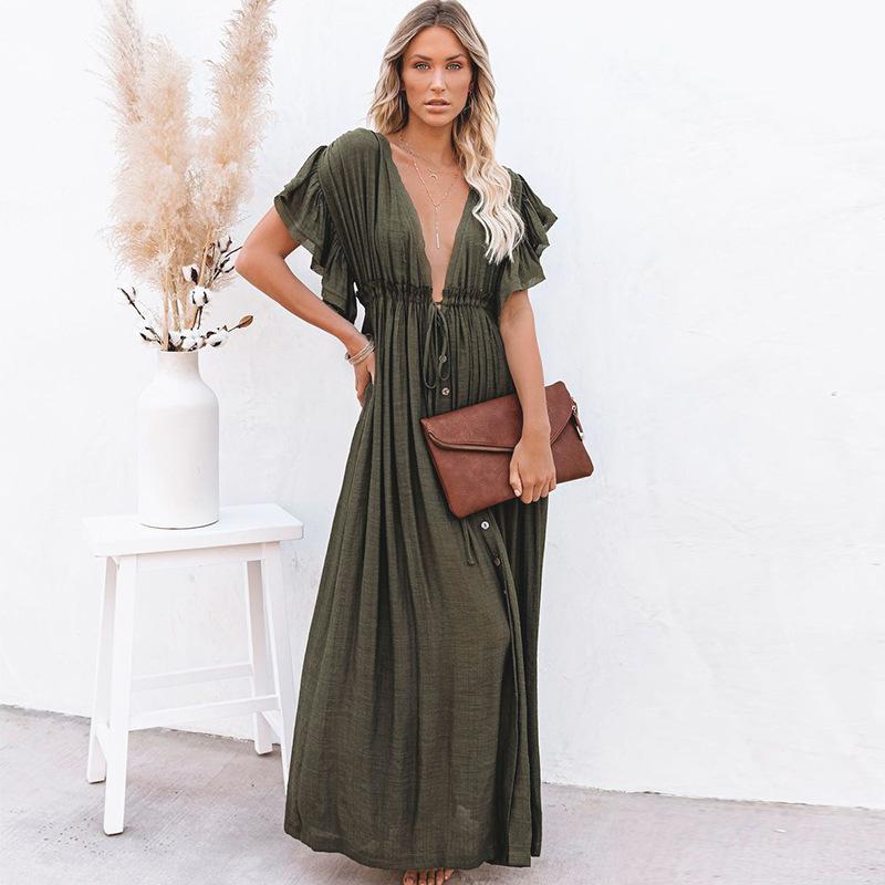 New Women Sexy V Neck Beach Ruffled Beach Cover Ups-Maxi Dreses-Green-One Sizes-Free Shipping at meselling99
