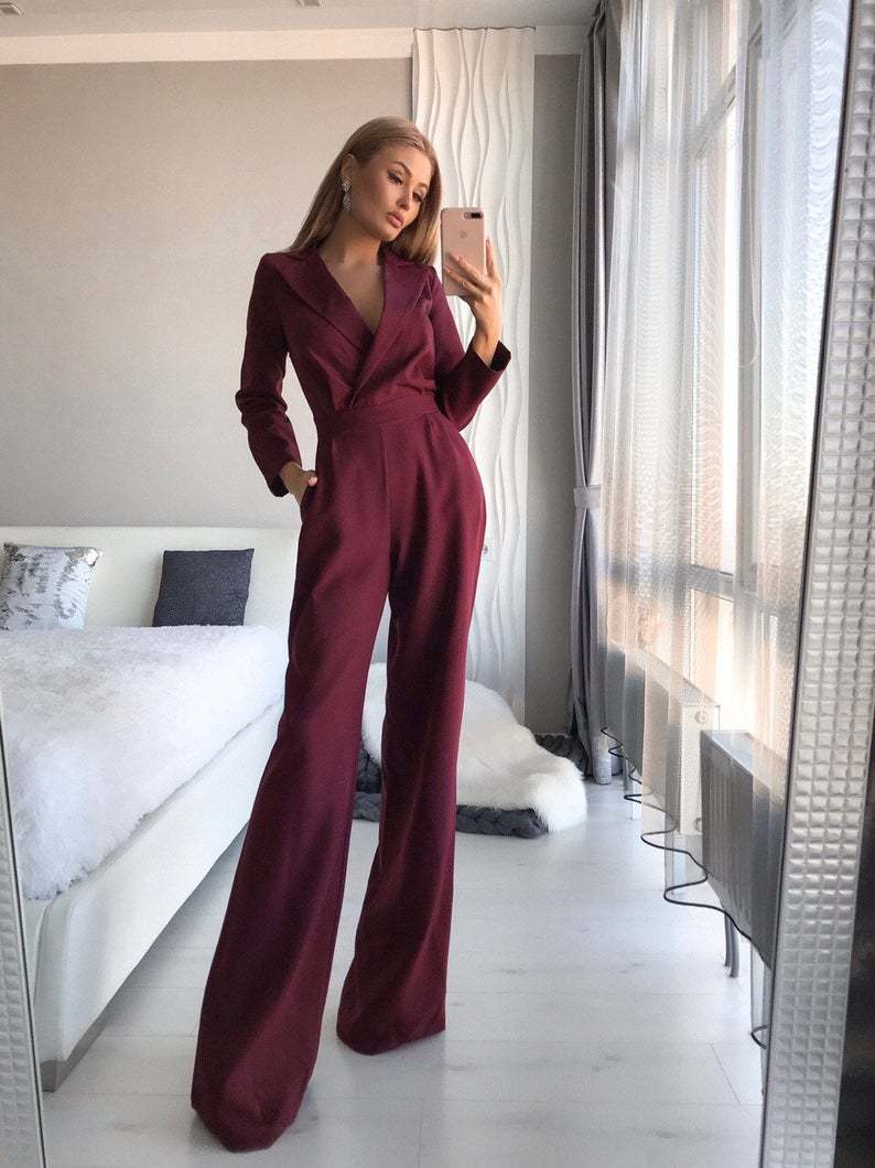 Women Long Sleeves Slim Fall Jumsuits-Wine Red-S-Free Shipping at meselling99
