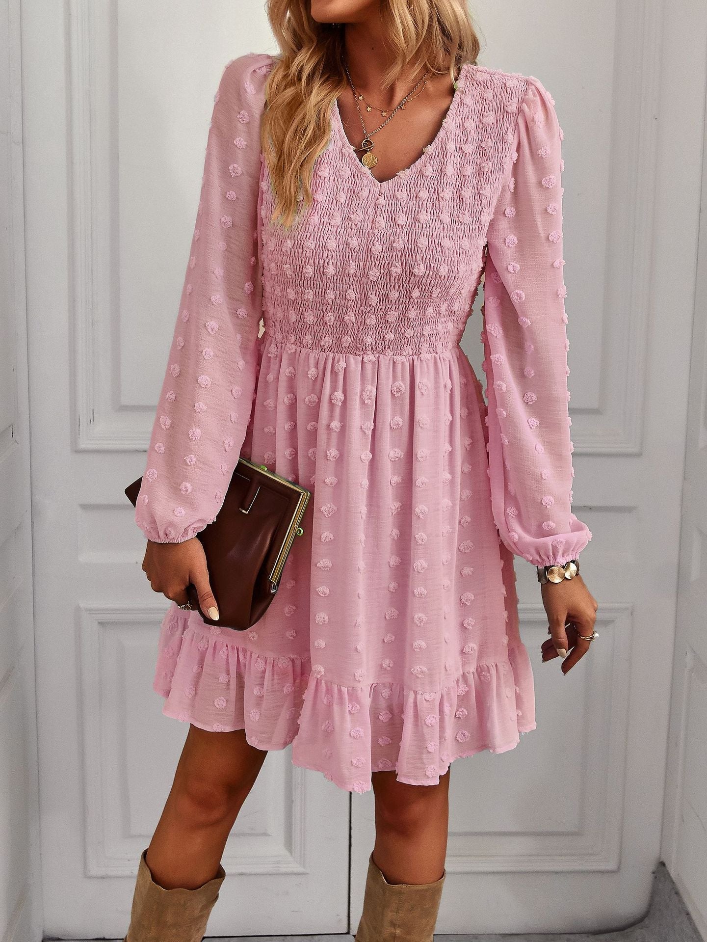 Casual Long Sleeves Short Daily Dresses-Dresses-Pink-S-Free Shipping at meselling99