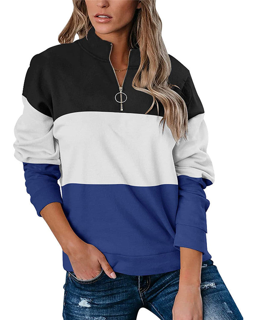 Women Casual Contrast 3 Colors Zipper Neck Fall Hoodies-Shirts & Tops-Blue-S-Free Shipping at meselling99
