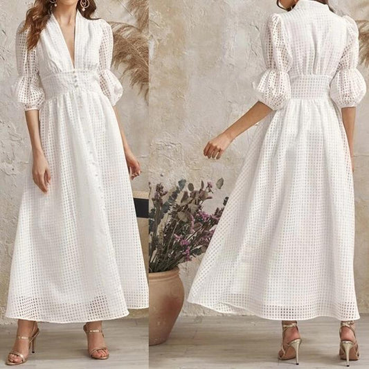 White Classy High Waist Plaid Long Dresses-Maxi Dresses-Free Shipping at meselling99