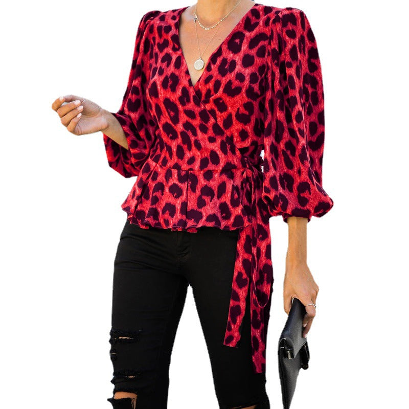 Women V Neck Long Sleeves Leopard Blouses-Shirts&Blouses-Free Shipping at meselling99