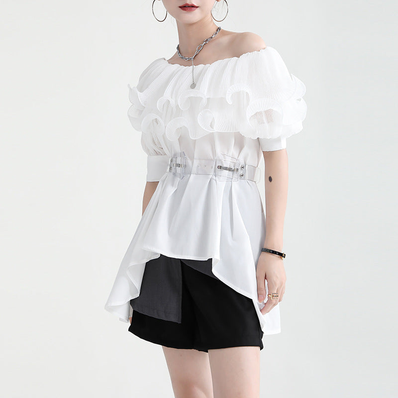 Summer Off The Shoulder Chiffon Ruffled Shirts with Belt for Girls-Shirts & Tops-White-S-Free Shipping at meselling99