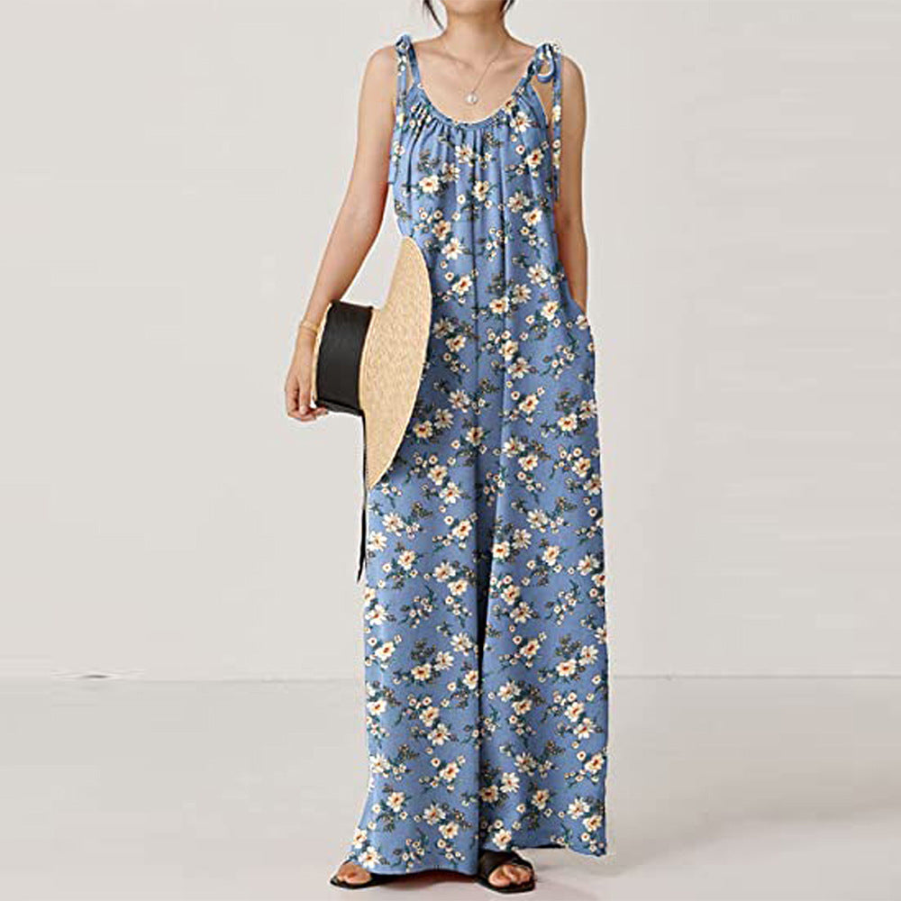 Casual Floral Print Summer Long Jumpsuits-Jumpsuits & Rompers-E-S-Free Shipping at meselling99