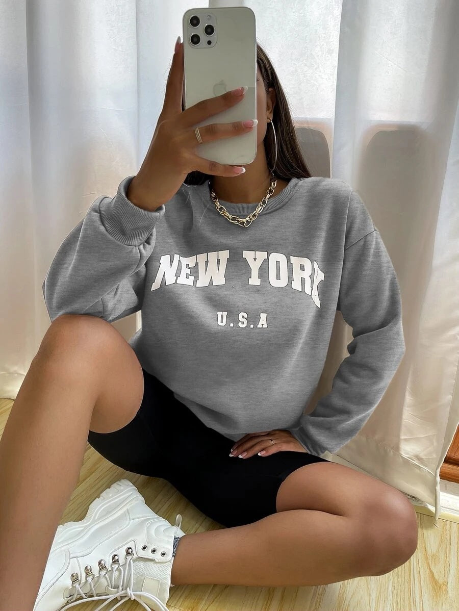 Leisure Women Letter Print Fall Hoodies-Shirts & Tops-Gray-S-Free Shipping at meselling99