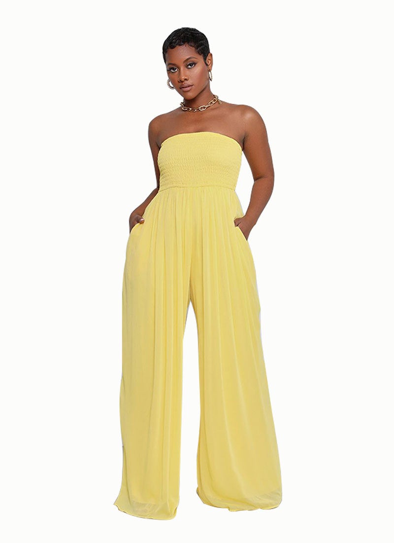 Sexy Strapless High Waist Chiffon Summer Jumpsuits-Suits-Yellow-S-Free Shipping at meselling99
