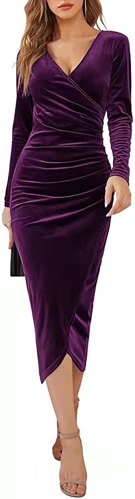 Vintage V Neck Irregular Long Sleeves Party Dresses-Dresses-Purple-S-Free Shipping at meselling99
