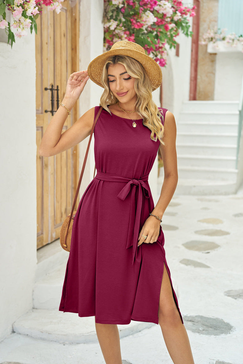 Sexy Summer Split Front Sleeveless Midi Dresses-Dresses-Wine Red-S-Free Shipping at meselling99