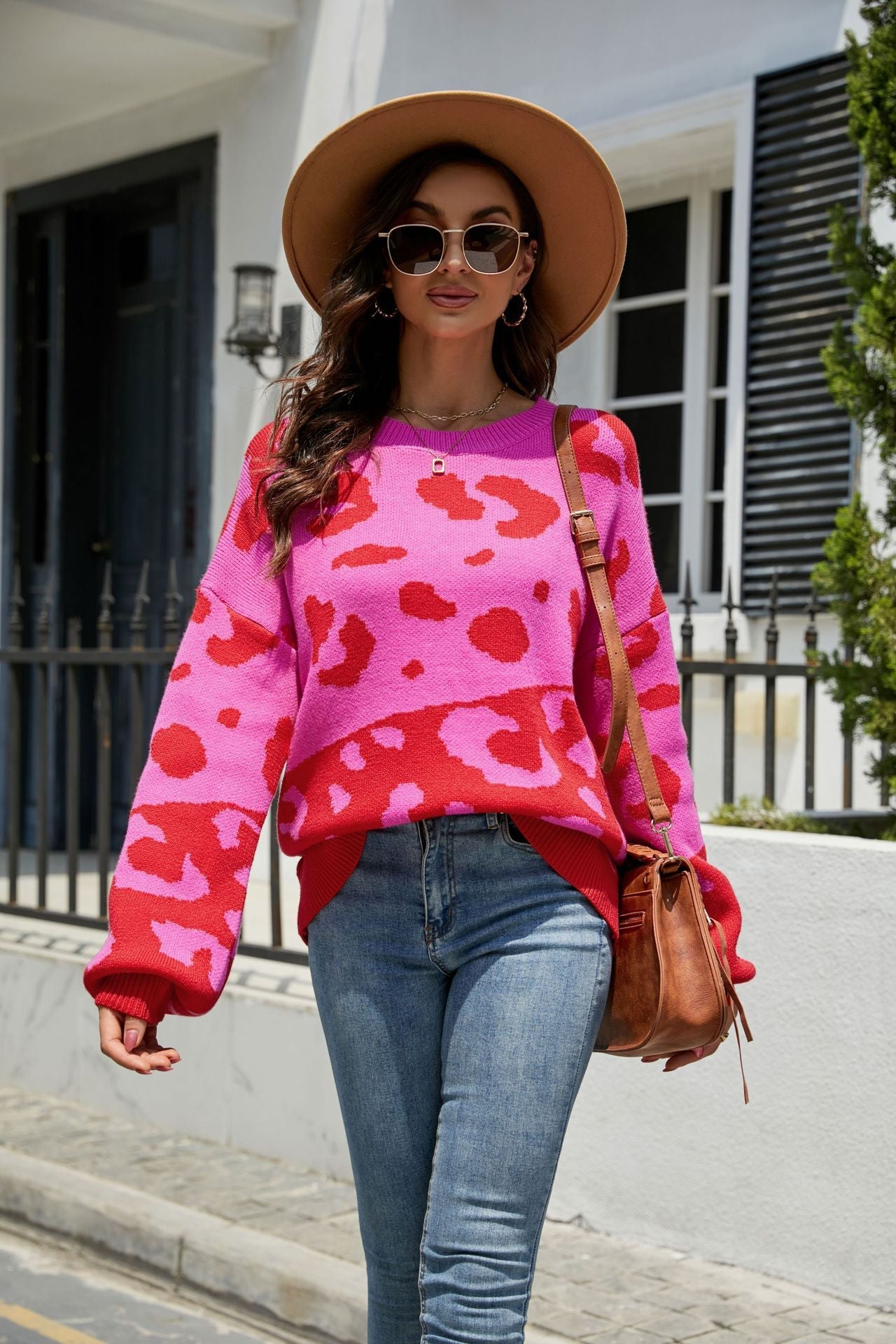 Fashion Round Neck Leopard Knitted Pullover Sweaters-Shirts & Tops-Rose Red-S-Free Shipping at meselling99