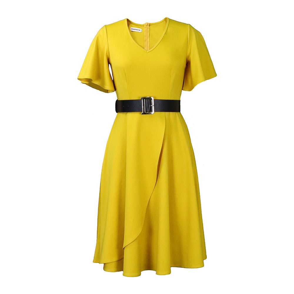 Women Plus Sizes Dresses with Belt-Dresses-Yellow-S-Free Shipping at meselling99