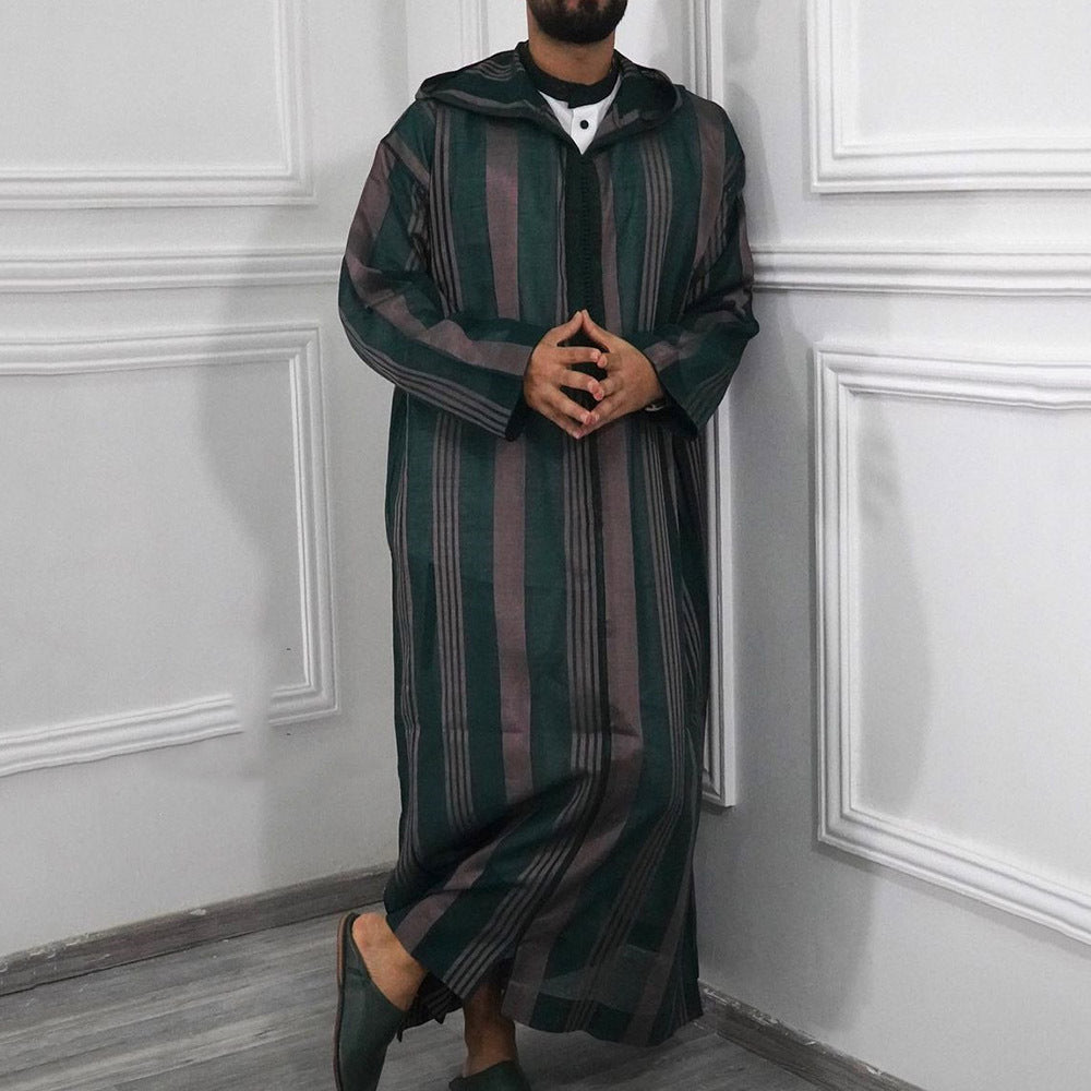 Ethnic Striped Fall Long Robes with Hat-Robes-Green-M-Free Shipping at meselling99
