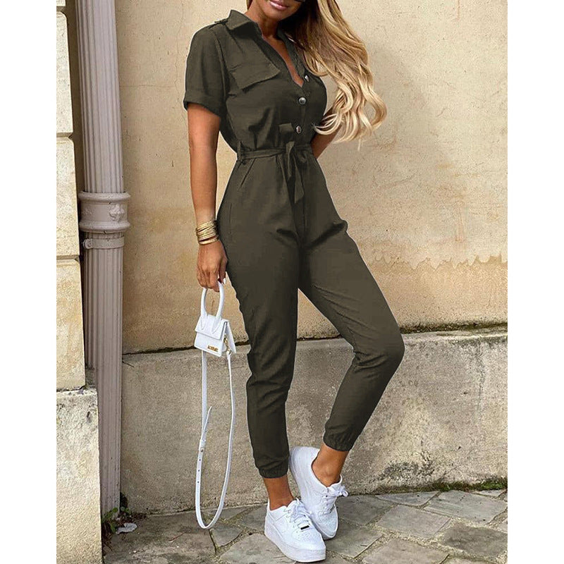 Summer Turnover Collar Leisure Jumpsuits-Army Green-S-Free Shipping at meselling99