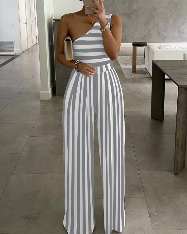 Hot Selling Simple One Shoulder Cozy Jumpsuits-Gray+White Stripe-S-Free Shipping at meselling99