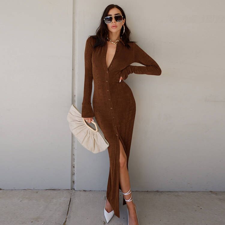 Sexy High Waist Knitted Long Sleeves Split Long Dresses-Dresses-Brown-S-Free Shipping at meselling99