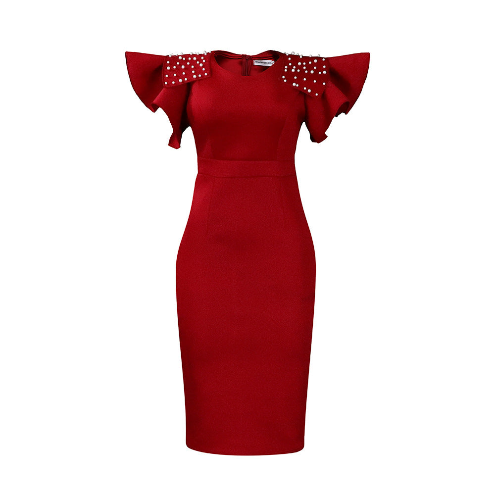 Summer Ruffled Sleeves Women Sheath Dresses-Dresses-Wine Red-S-Free Shipping at meselling99
